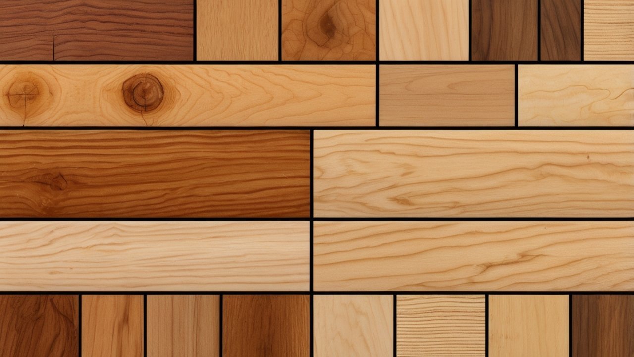 Different types of wood displayed on a workbench