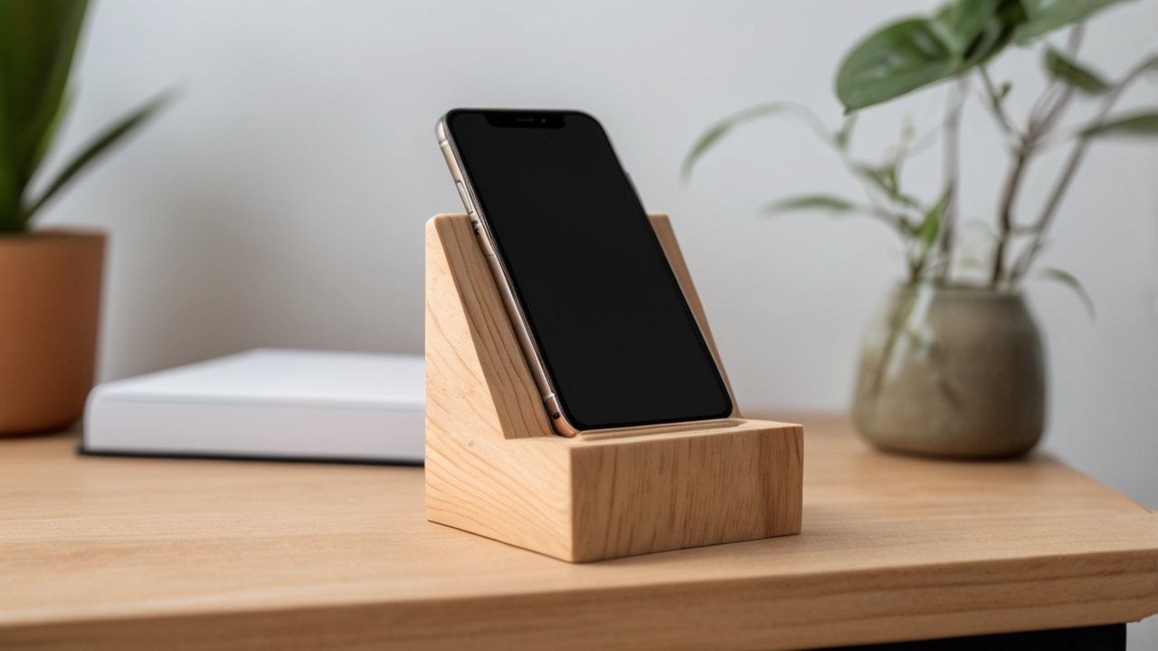 DIY wooden phone stand on workbench