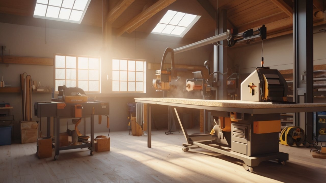 workshop wall with electrical outlets, conduit, and properly routed wiring