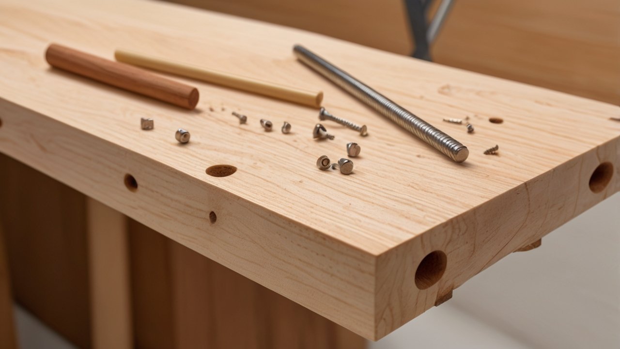 basic woodworking tools on a workbench