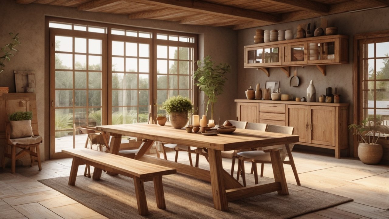 wooden farmhouse interior with natural wood furniture