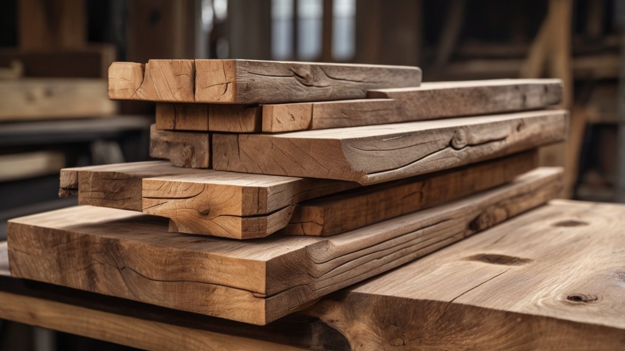 reclaimed wood planks stacked on a workbench