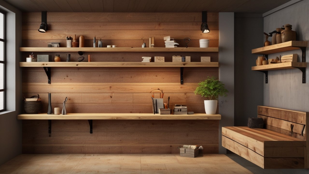 simple wooden wall shelf mounted on a wall