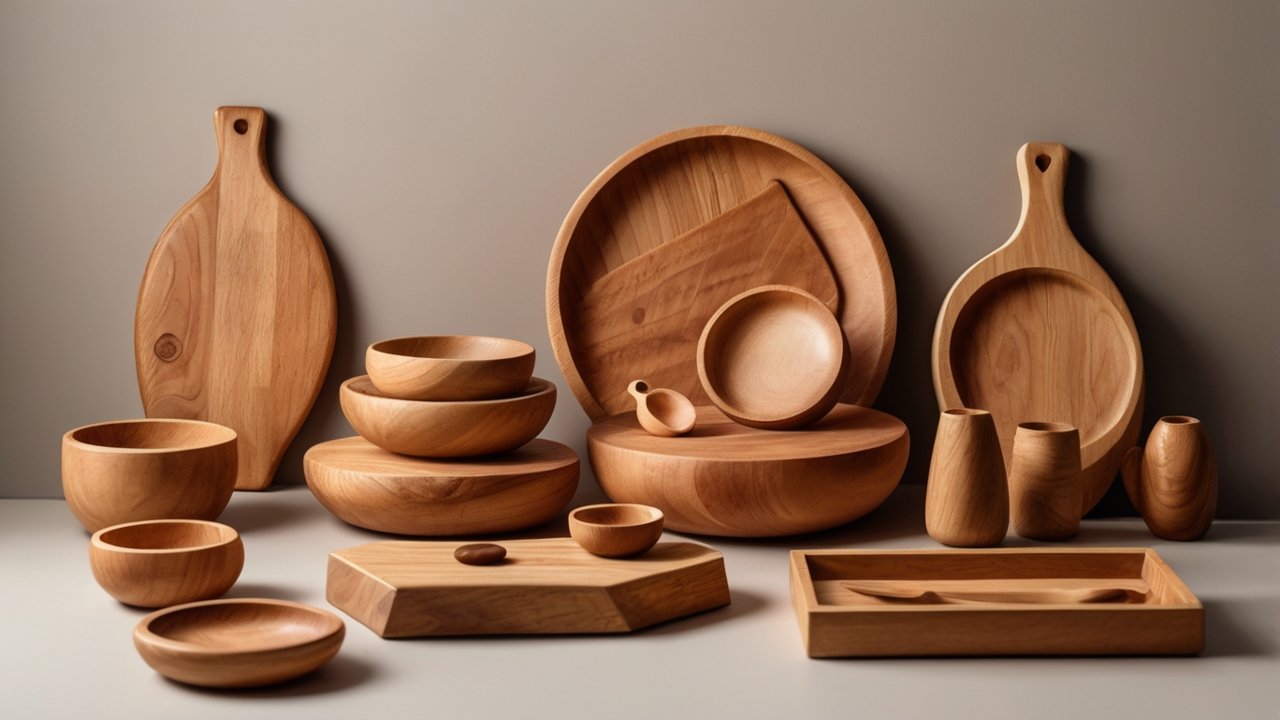 Handmade wooden cutting boards arranged for sale