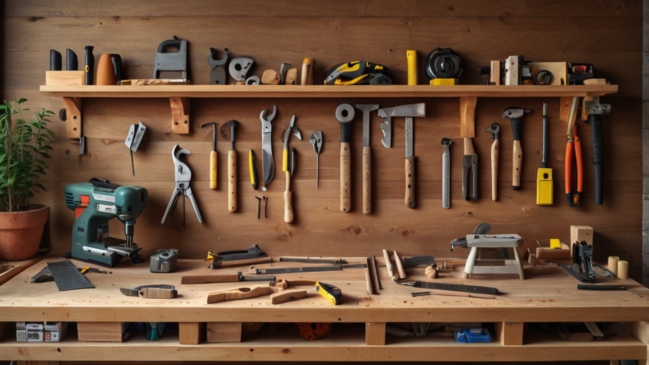 Essential woodworking tools laid out on workbench