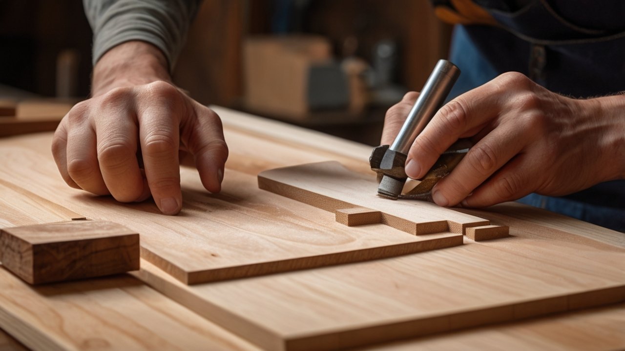 Sketching woodworking project ideas in notebook