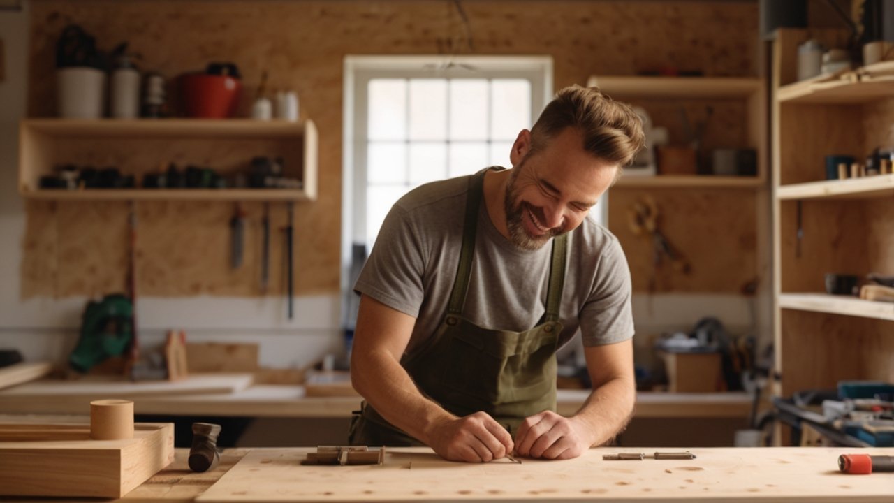 Beginner assembling a wooden shelf in a small garage workshop
