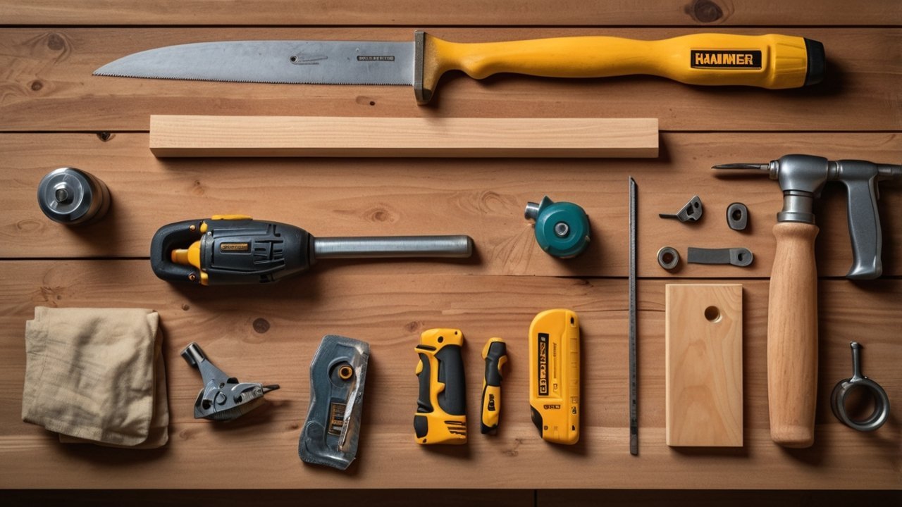 Basic woodworking tools including drill, saw, clamps, and measuring tape on wooden table