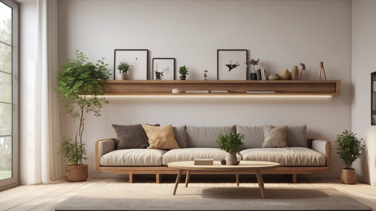 DIY floating wooden shelves mounted on living room wall