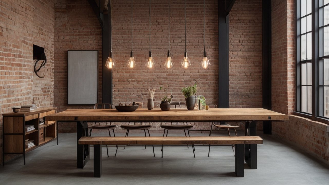 rustic dining room interior with natural wood furniture