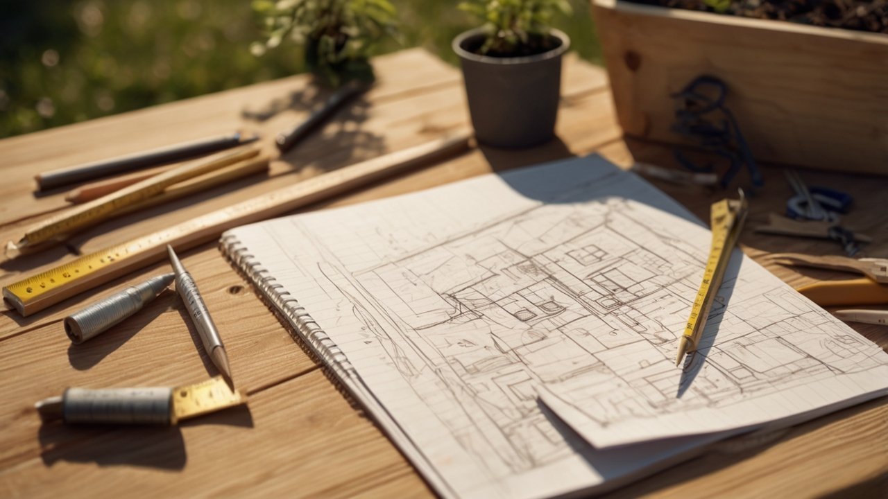 planning backyard shed layout with measuring tape and sketch