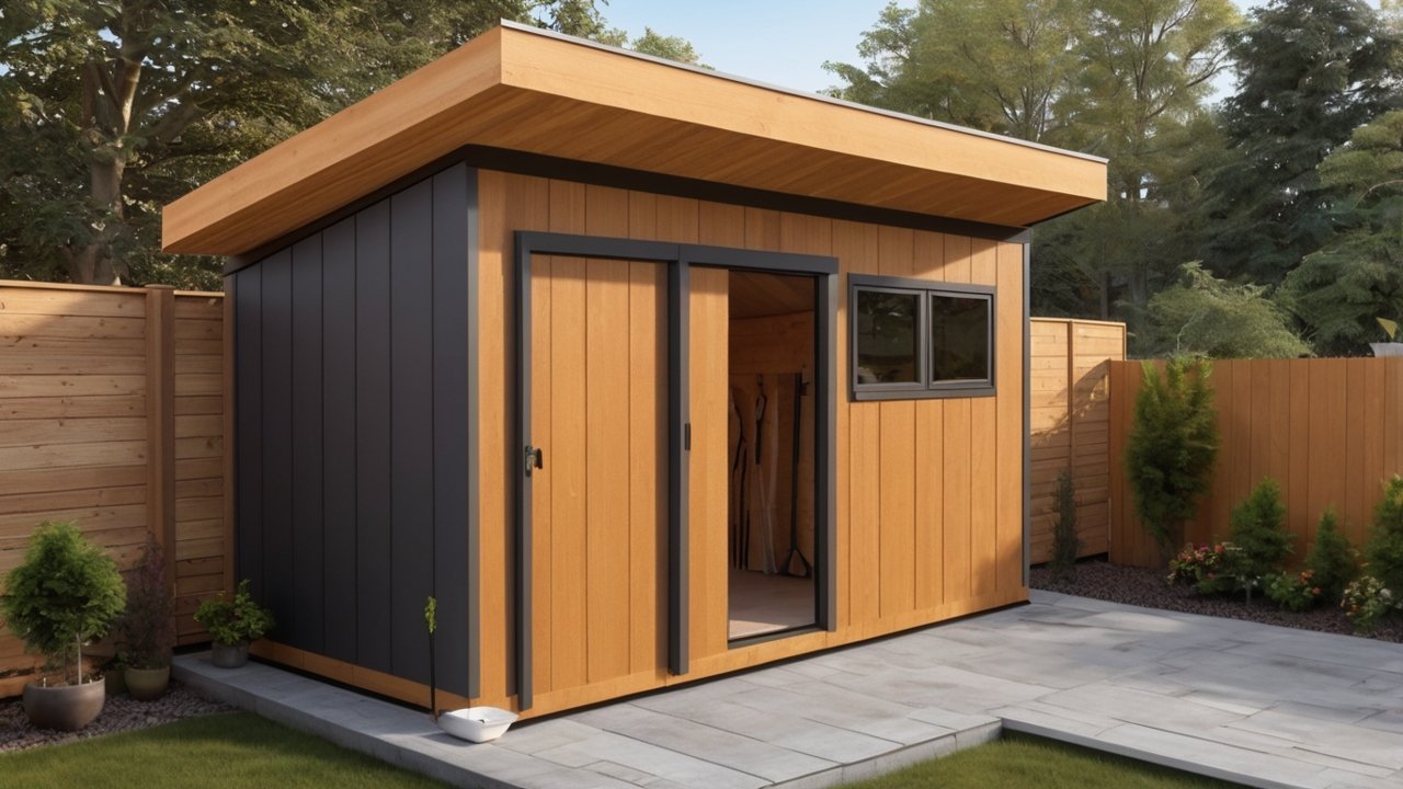 organized small backyard with compact garden shed and clean layout