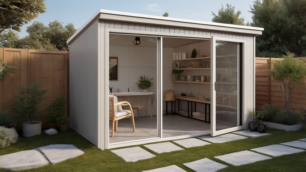 DIY wooden crate storage shed in backyard corner