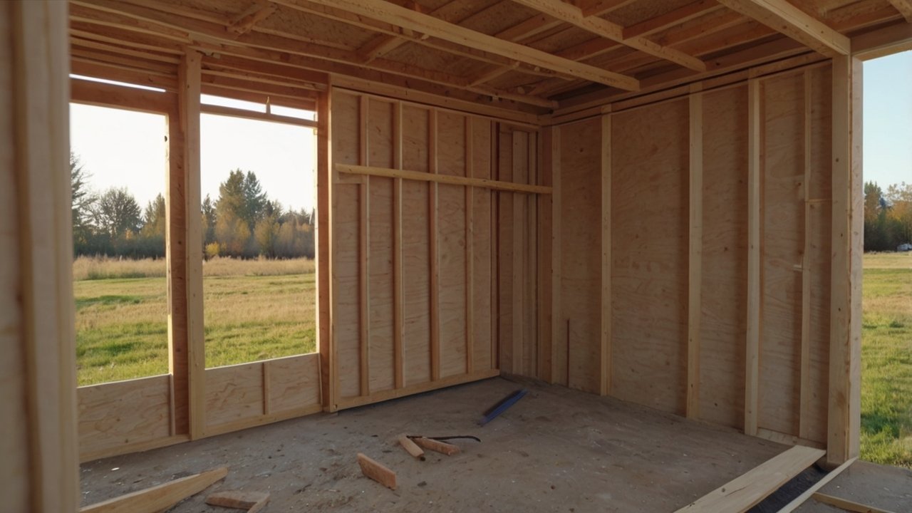 wooden wall framing structure under construction