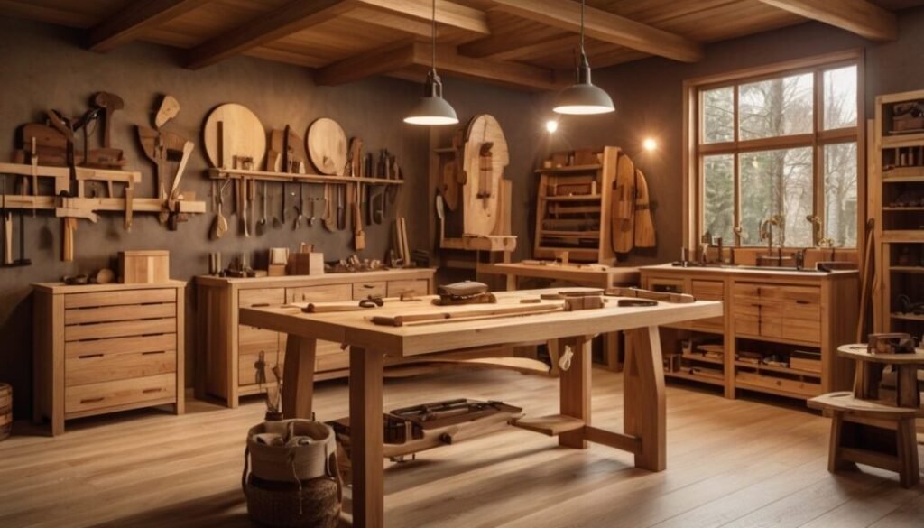 A variety of types of wood for furniture displayed in a workshop setting