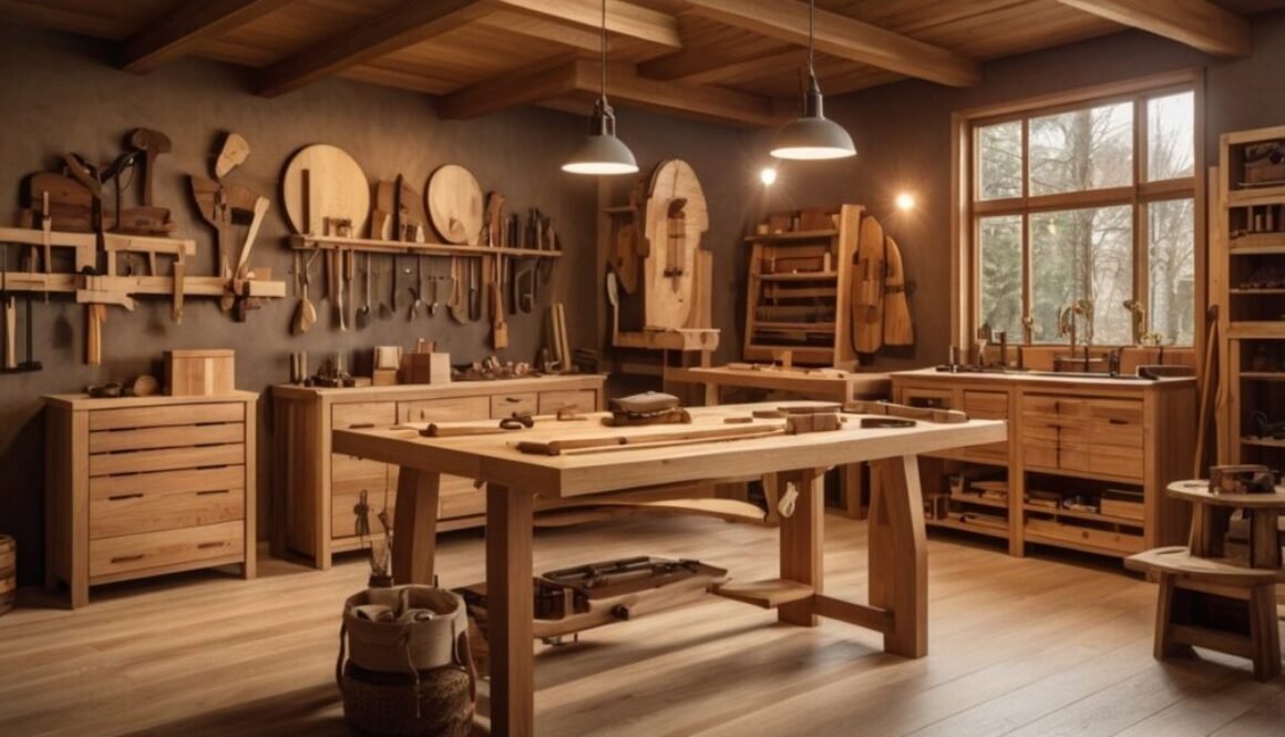 A variety of types of wood for furniture displayed in a workshop setting