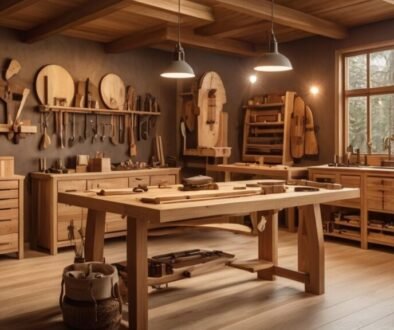 A variety of types of wood for furniture displayed in a workshop setting