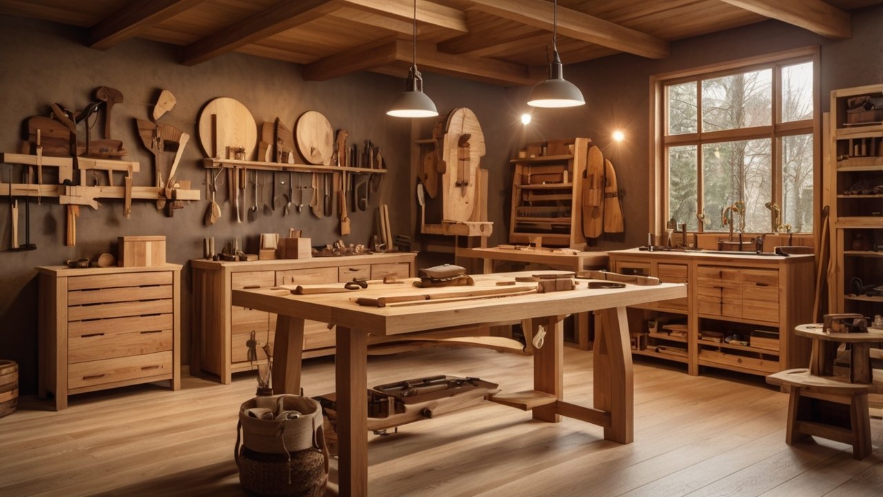 A variety of types of wood for furniture displayed in a workshop setting