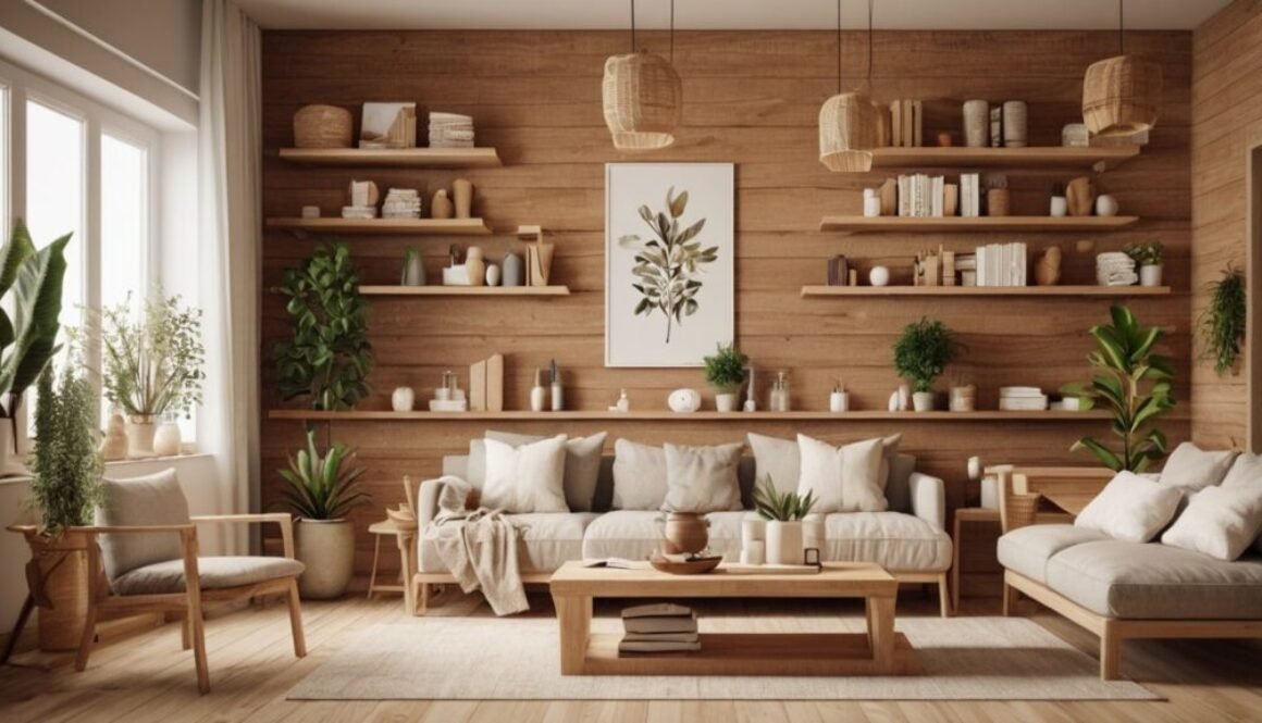 Geometric wood wall art hanging above a couch