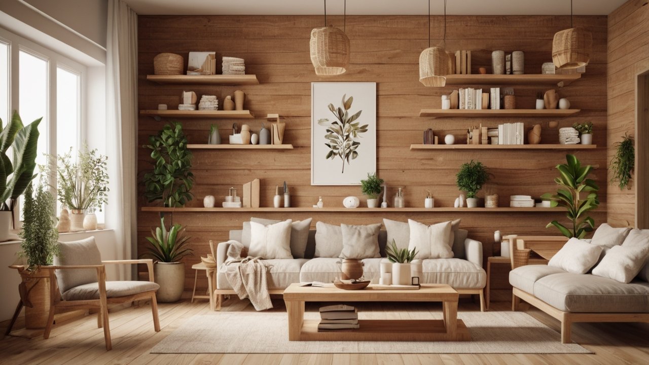 Geometric wood wall art hanging above a couch