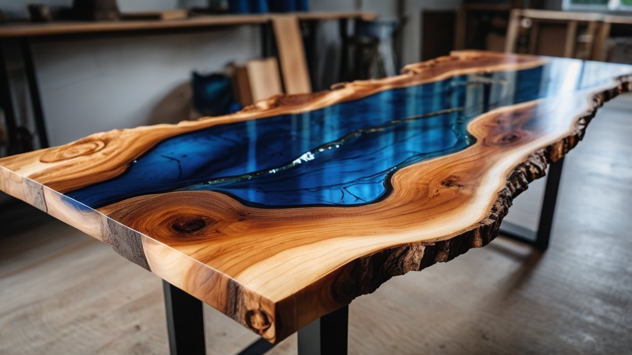 epoxy resin woodworking river table with live edge wood