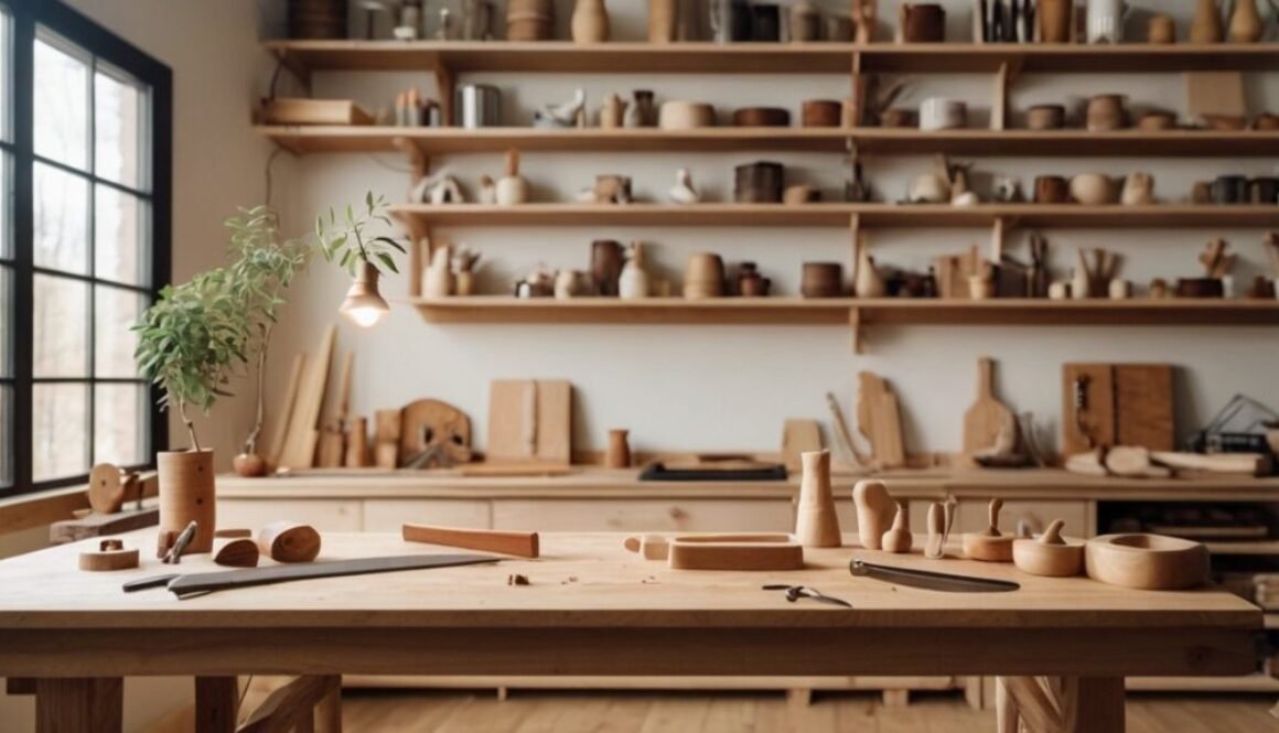 Beginner woodworking workshop with shelves, box, tray, and hand tools on a workbench
