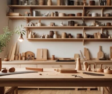 Beginner woodworking workshop with shelves, box, tray, and hand tools on a workbench