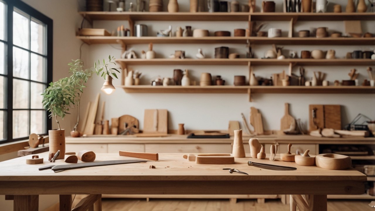 Beginner woodworking workshop with shelves, box, tray, and hand tools on a workbench