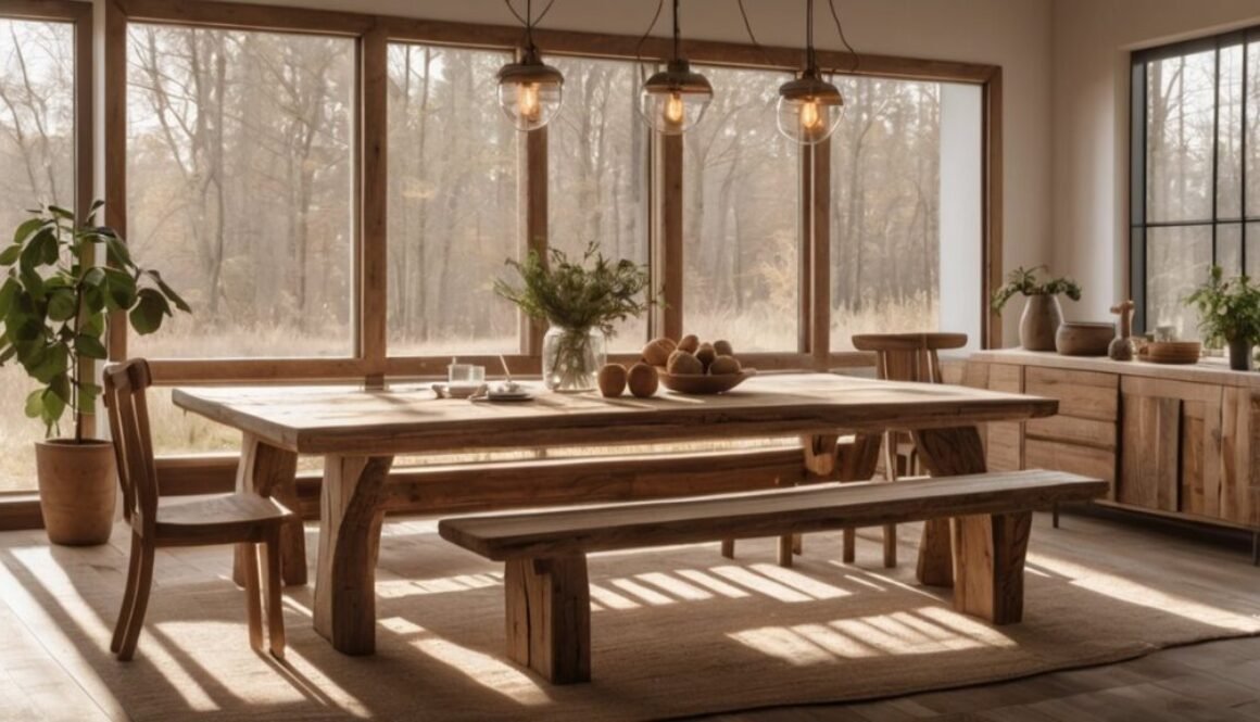 reclaimed wood dining table featured in a modern eco-friendly home