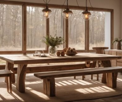 reclaimed wood dining table featured in a modern eco-friendly home