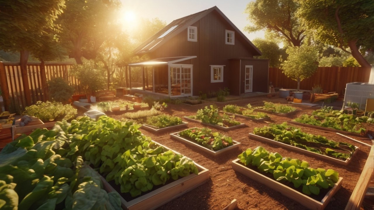 backyard garden with vegetables and compost system