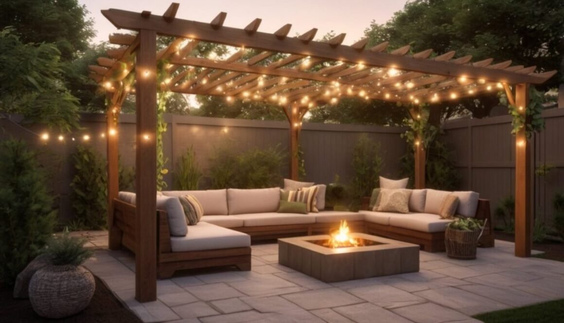 Backyard design with pergola patio lighting and modern outdoor seating area