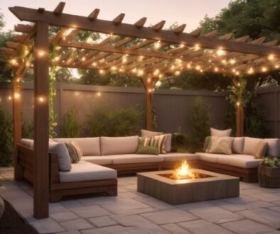 Backyard design with pergola patio lighting and modern outdoor seating area