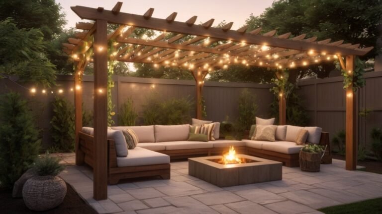 Backyard design with pergola patio lighting and modern outdoor seating area
