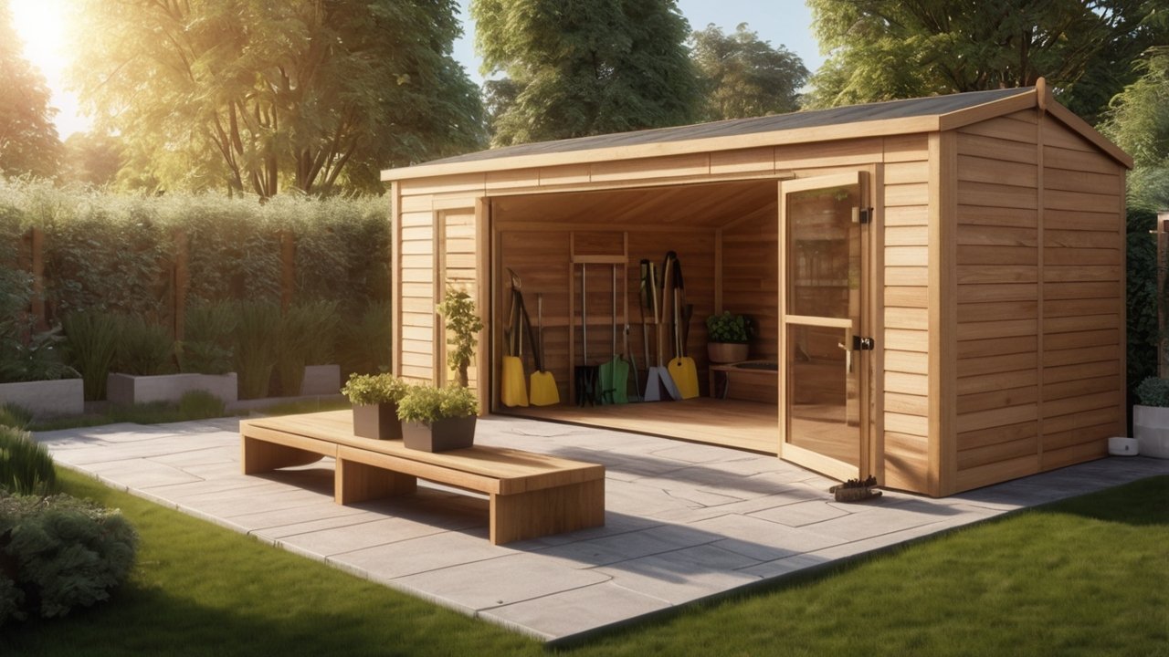 storage shed plans for organized backyard with clean storage solution