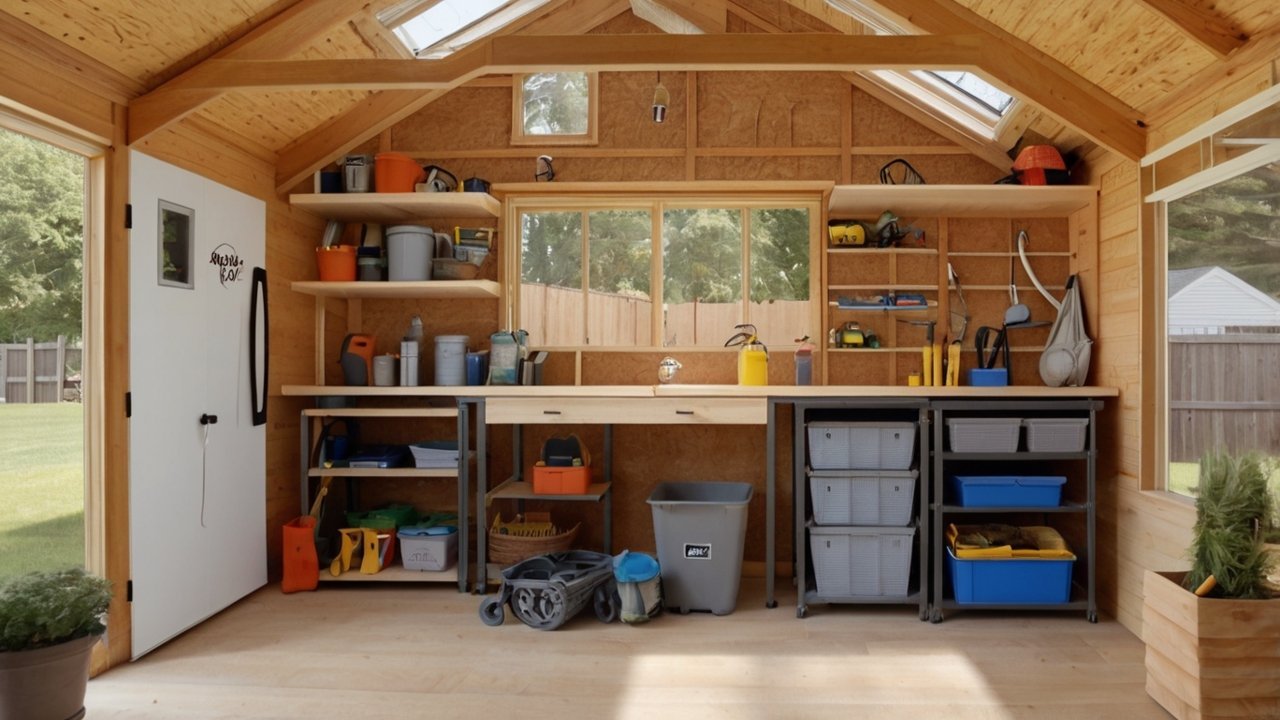 small shed storage ideas with organized tools and vertical wall shelving