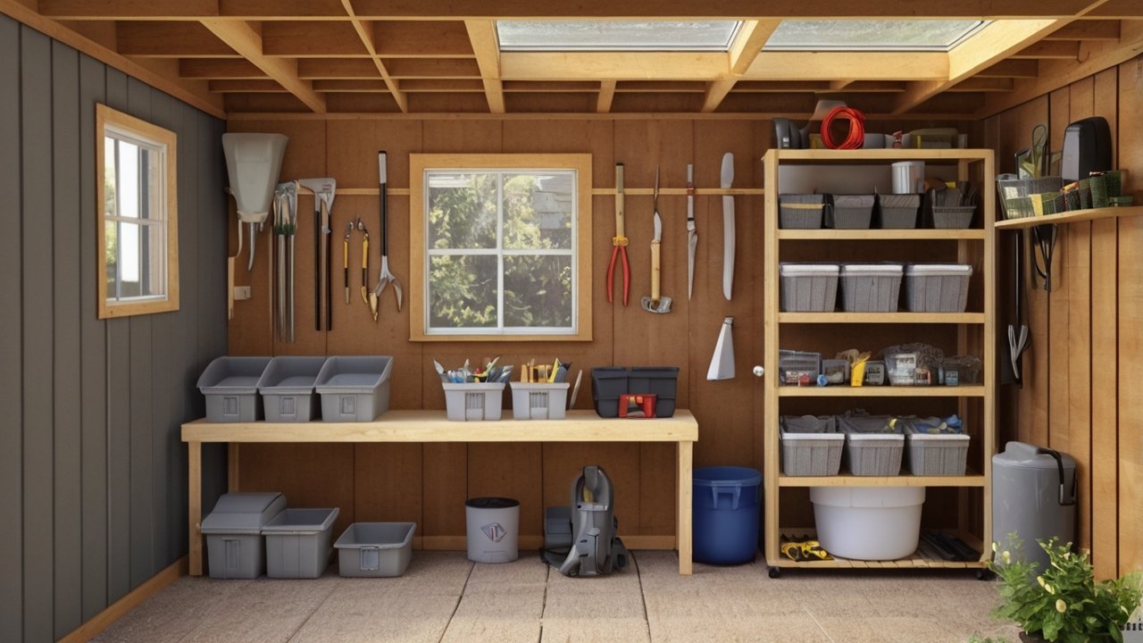 small shed storage ideas using vertical shelving and ceiling storage racks