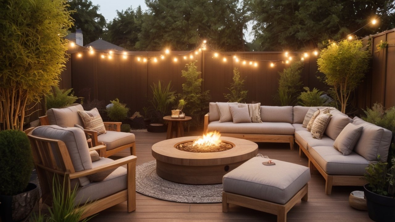 Backyard design outdoor living area with cozy seating and landscaping