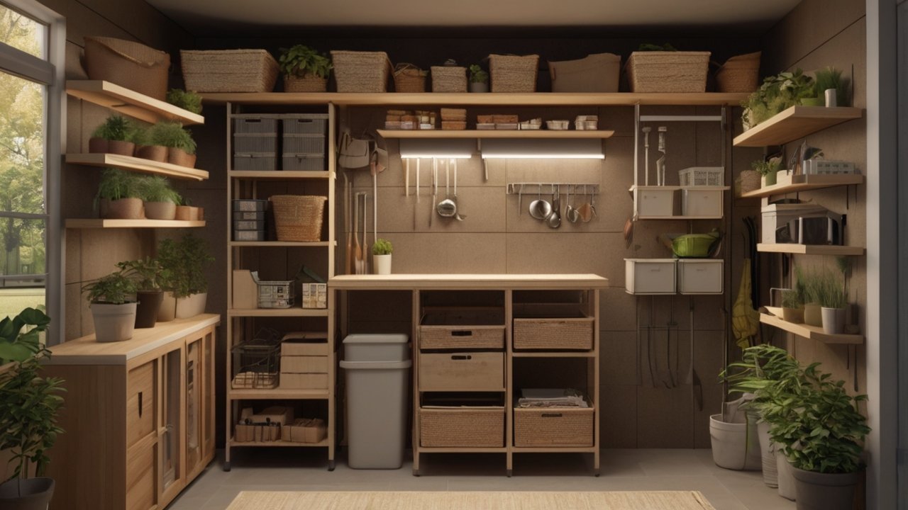 small shed storage ideas with DIY wooden shelving and floating shelves