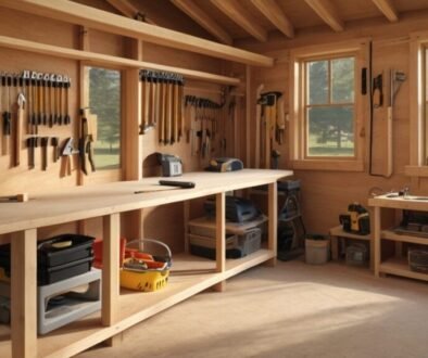 shed building tools checklist with essential DIY shed construction tools arranged on a workbench