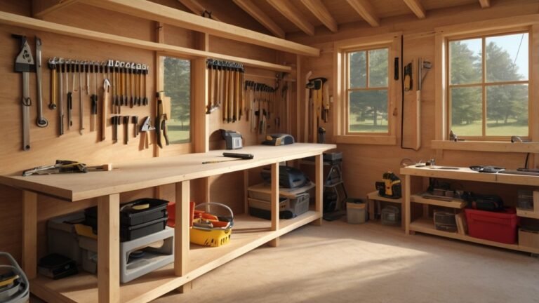 shed building tools checklist with essential DIY shed construction tools arranged on a workbench