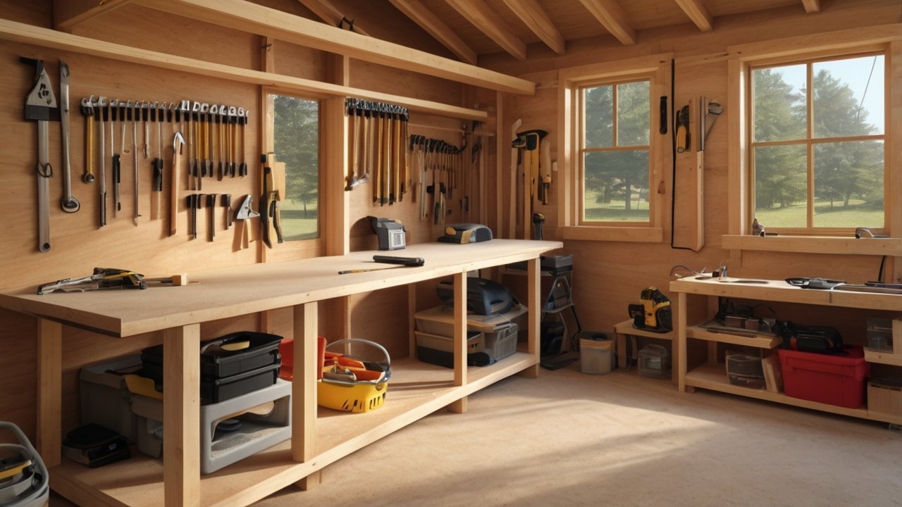 shed building tools checklist with essential DIY shed construction tools arranged on a workbench