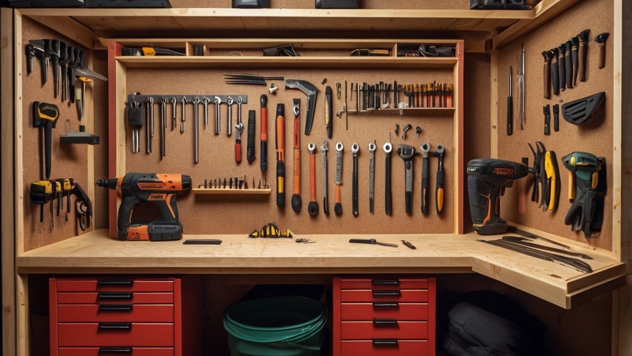 portable workbench and tool organization setup for DIY shed construction