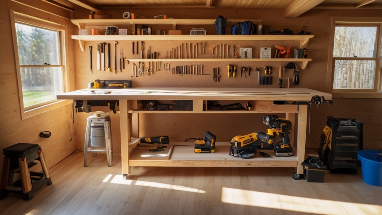 complete shed building tools checklist displayed in a flat lay arrangement