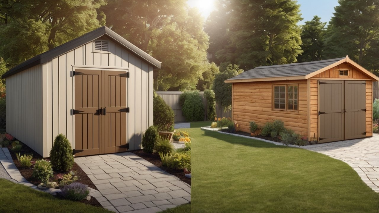 Resin Shed vs Wood Shed comparison showing a modern resin storage shed