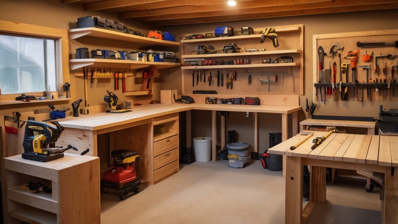 Finished DIY woodworking workshop ready for woodworking projects