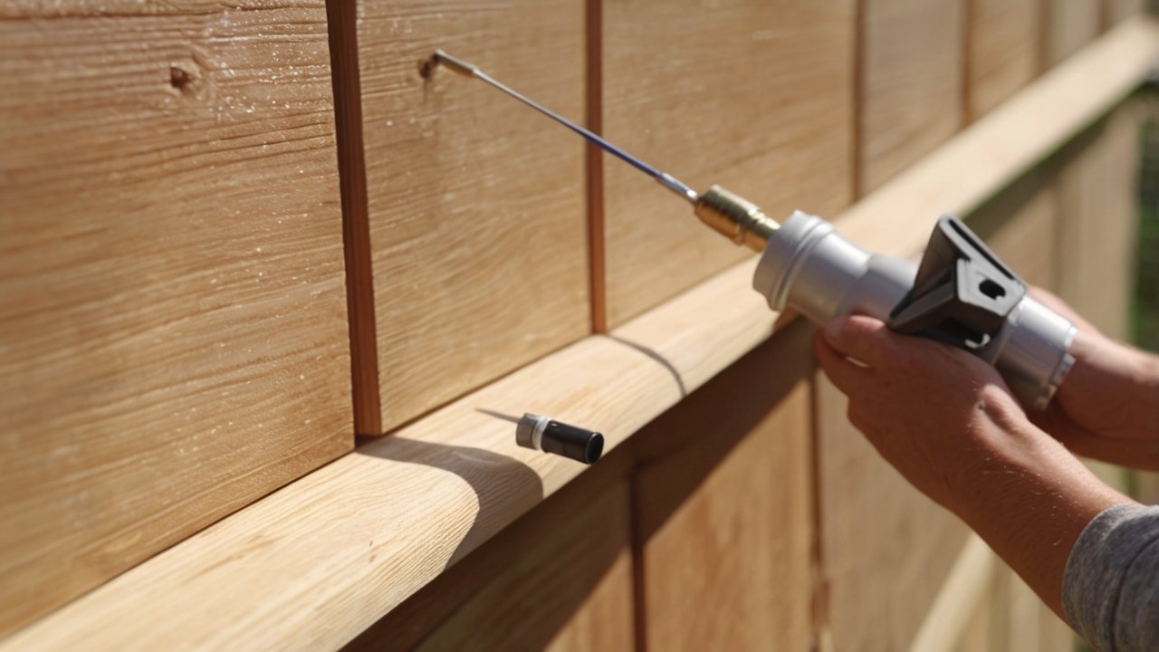 Applying waterproof wood stain and exterior sealer on a DIY wooden shed
