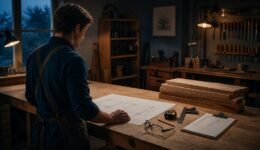 Beginner woodworker reviews a project drawing, cut list, lumber, and safety gear at a workshop bench.