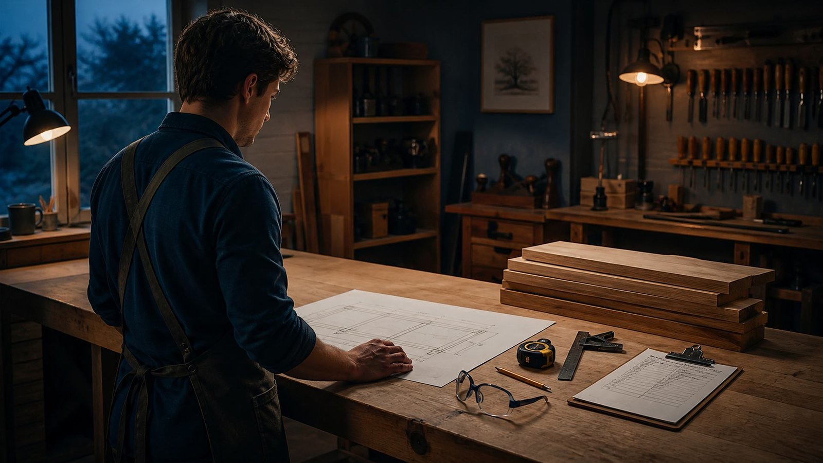 Beginner woodworker reviews a project drawing, cut list, lumber, and safety gear at a workshop bench.