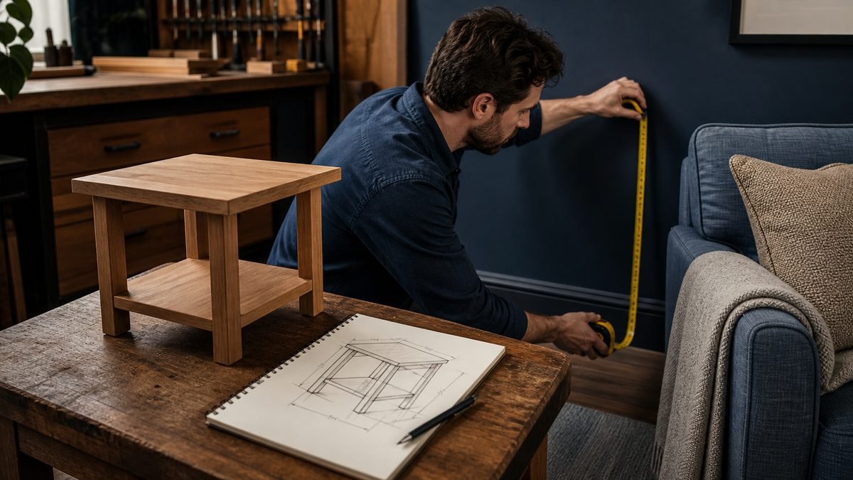 Woodworker measures a room beside a small table prototype and a dimensioned project sketch.